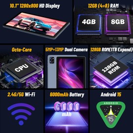 JUNYANG Tablet 10.1 inch Android 15, 12GB RAM 128GB ROM (1TB Expand), Octa-Core Processor, 1280x800 HD Touchscreen, 13MP+5MP Dual Camera, 6000mAh Battery, BT 5.0, WiFi, Widevine L1