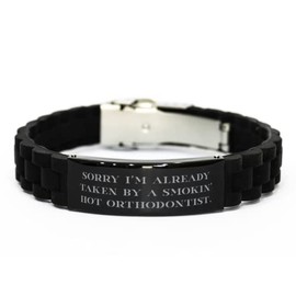 Funny Orthodontist Gifts, Sorry I'm Already Taken', Graduation Gifts, Black Glidelock Clasp Bracelet for Orthodontist from Boss, Braces, Smile, Dental Health, Toothbrush, Toothpaste, Floss