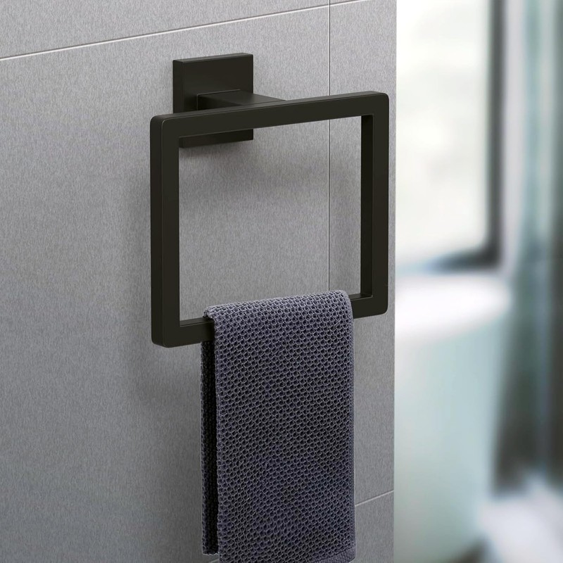 Matte Black Square Towel Ring, Wall Mount Modern Towel Holder
