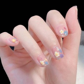 False Nails Short Square - 24Pcs Pink Press on Nails with Flower Pattern - Stick on Nails with Glue - Removable Glossy Full Cover Fake Nail for Women Girls Valentines Days Cute Nail Art