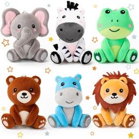 Aoriher 6 Pcs Mini Stuffed Forest Animal Bulk Jungle Animal Plush 4 Inch Plush Elephant Lion Tiger Giraffe Panda for Baby Shower Christmas Birthday Gift Stuffer Themed Party Decoration(Lively)