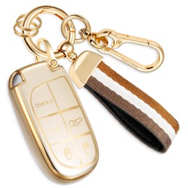 Coverforkey for Jeep Key Fob Cover with Nylon Webbing Keychain, Fashionable Matte Metallic Soft Case for for Grand Cherokee Renegade Chrysler (5 buttons) Shell (Champagne Gold, B), Champagne Gold, B