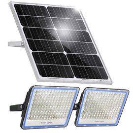 Gebosun 100W 12000LM Solar Flood Light Outdoor with Separate Panel, Dusk to Dawn & Motion Sensor Solar Street Lights Outdoor with Flash Warning for Garden, Yard Pathway, Wider Light Range