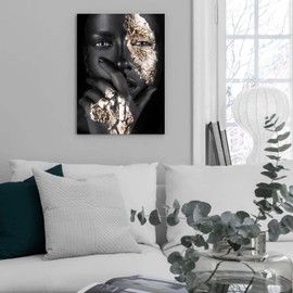 Black Woman Wall Art African American Wall Art Canvas Framed Black and Gold Women Portrait Canvas Print Artwork Black Art Wall Decor African Decorations for Living Room 16”x24”
