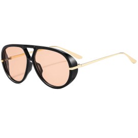 SevenColor Trendy Oversized Aviator Sunglasses for Women Men Retro Big Round Shield Sun Glasses Vintage Shades (Black/Champagne)