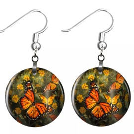 the fun things Monarch Butterfly Earrings NO TARNISHING Dangle Wood Flower Garden Watercolor