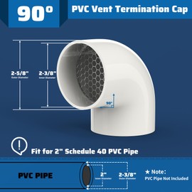 Pearwow PVC Vent Termination Cap, 1 Pcs Roof Vent Cap with Pipe Screen, 90-Degree Elbow for 2" Schedule 40 Round PVC Pipe, Vent Cover with Stainless Steel Mesh Screen for Blocking Leaves