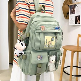 LUNA PARK Mochilas con Colgante y Insignia, Mochila de Gran Capacidad, Mochila para Viaje, Mochila Mujer para Laptop (Verde Claro)