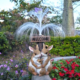RCTTICUU Solar Rabbit Garden Statues,Resin Rabbit Family Figurine with Welcome Card and 7-Color Changing Optical Fiber with Solar Lights, Lawn Decor Outdoor Statue for Patio,Balcony,Yard,Lawn