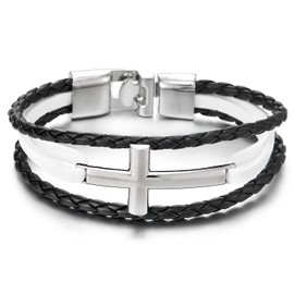 COOLSTEELANDBEYOND Horizontal Sideway Lateral Cross Three-Row Black and White Braided Leather Bangle Bracelet