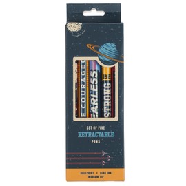 Christian Art Gifts 5 Piece Inspirational Kids Medium Ballpoint Pen Set for Boys & Girls: Strong & Courageous Scripture Theme Multicolor Space Travel Design, Retractable Clip, Blue Ink Stationery