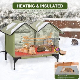 Heated Cat House for Outside in Winter Insulated Elevated Heated Outdoor Cat House Weatherproof, Escape Door, Large Feral Cat Shelter Kitty Bed for 2~3 Cats Stray Barn Kitty, Easy Assembly