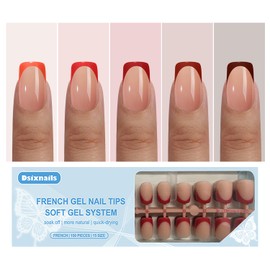 Dsixnails Red French Tip Press on Nails, 150pcs Soft Short Square French Gel Nail Tips in 15Sizes, Pre-lasting Soak Off Acrylic Fake Nails, No Need to File False Nail Tips Extension for Women Nails
