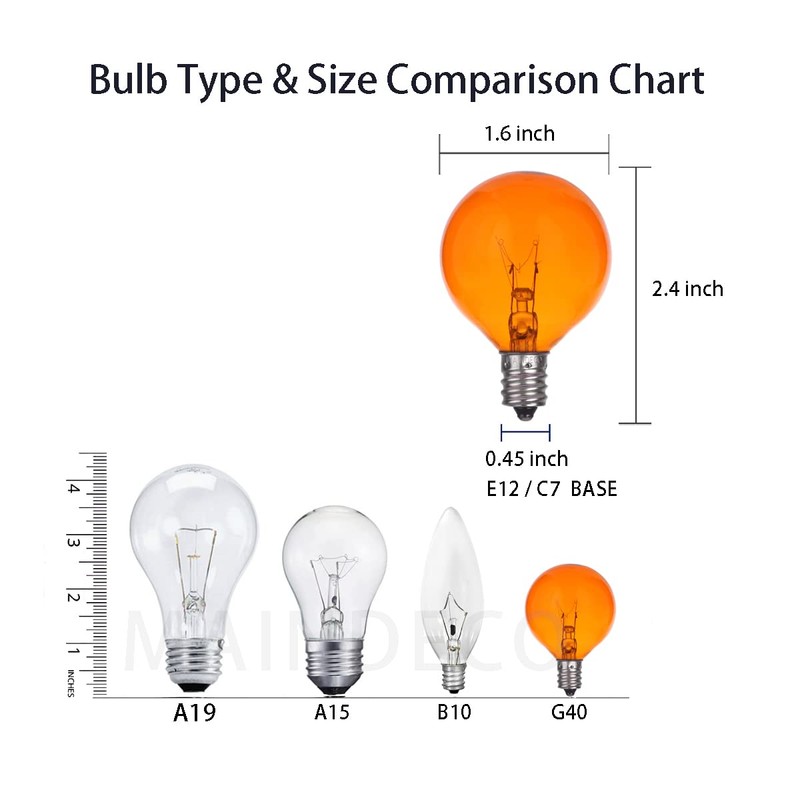 MAINDECO 25 Pack G40 Replacement Bulbs,120V 5W Incandescent,E12 Base,for Indoor