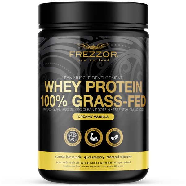 FREZZOR 100% Grass-Fed Whey Vanilla Protein Powder with UAF1000+, Keto Friendly, 21g Protein, BCAAs & EAAs, GMO-Free, rBGH-Free, No Added Sugar/Preservatives, Made in New Zealand, 600 Grams, 1 Count