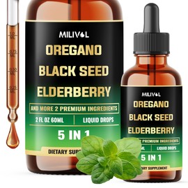 MILIVOL 5in1 Oregano Oil Liquid Drops with Black Seed, Elderberry, Garlic, Olive Leaf - Immune Support Supplement - 2 Fl Oz