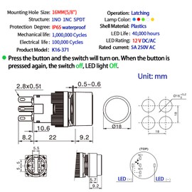 Latching Push Button Switch 16mm Power 12V DC LED Light Round Head 1NO 1NC SPDT On/Off 16mm with 5A Plug Socket 250V Waterproof IP65 3 Pack K16-371 (White, Latch)