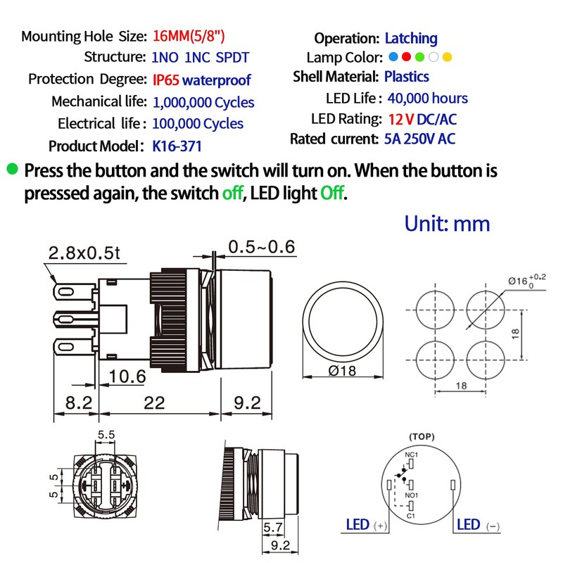 Latching Push Button Switch 16mm Power 12V DC LED Light