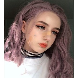 Xiweiya Short Curly Hair Ash Pink 14" Bob Wavy Wig Synthetic Lace Front Wig Side Part Heat Resistant Fiber Bob Soft Hair for Women Girl Makeup