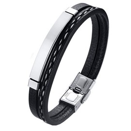 LEGADO Men's Bracelet, PU Leather and Stainless Steel, Viking Bracelet, Black Boy, Combinable with Ring Pendant Necklace or Anklet, Wristband Pequeña Silver, 19.5