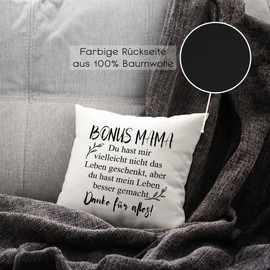 glitzertassen.de® Bonus Mama Cushion with Saying Gift Mother's Day Cushion with Print Love Decorative Photo Cushion Cuddly Cushion White/Black
