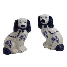 SYNWISH Hand Painted Porcelain Blue& White 9.4" H Dog with Chain Pair of Figurines Statue Ceramic Collectibles Home Décor
