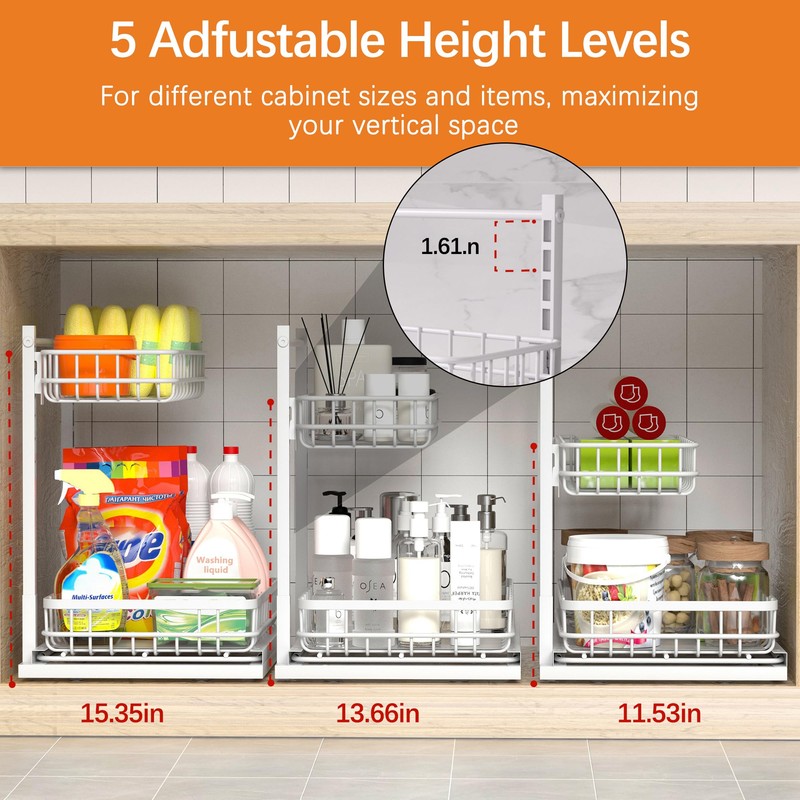Uninol Under Sink Organizer, Adjustable Height Pull-Out Kitchen Storage Organization,15.8"