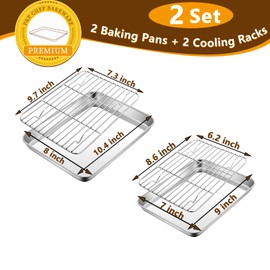 P&P CHEF 10.4 + 9 Inch Toaster Oven Pans with Racks, 4 Pieces Stainless Steel Oven Tray Baking Pan Sheet and Cooling Rack for Oven Cooking Roasting, Non Toxic & Dishwasher Safe