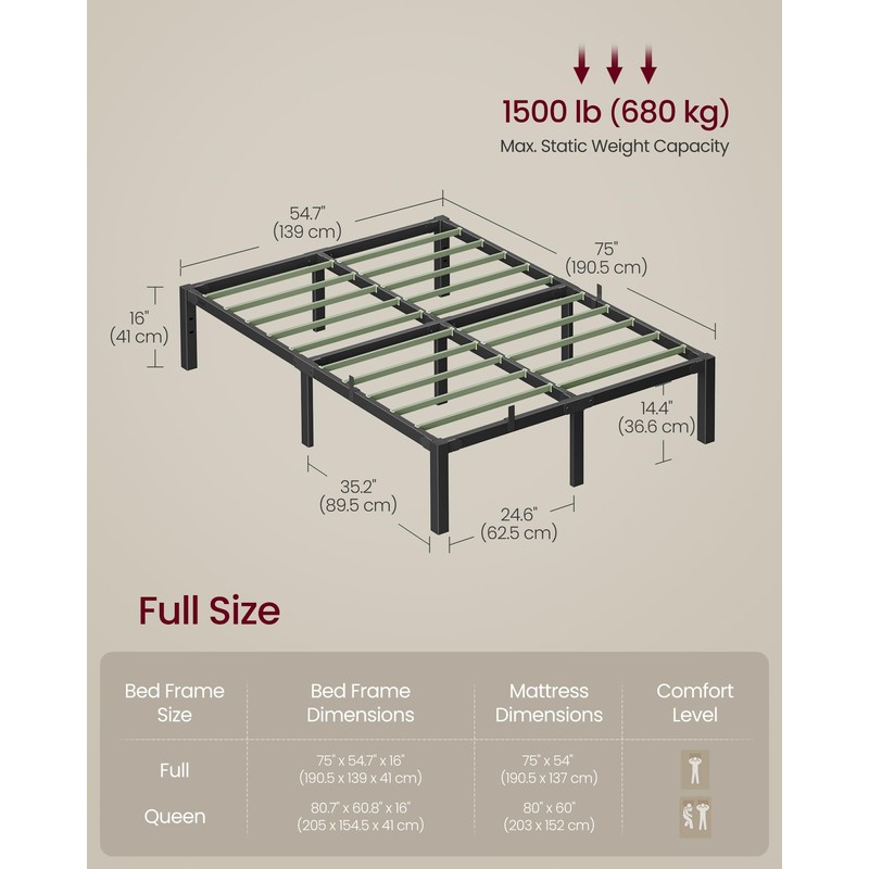 VASAGLE Superfast Assembly, Metal Full Bed Frame, Heavy-Duty Platform Bed
