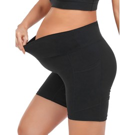 HOFISH Maternity Biker Shorts Over The Belly Maternity Athletic Shorts with Pockets 5"/8" Black S