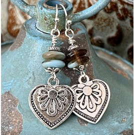 Silver Tone Etched Heart with Amber and Blue Bead Earrings Love. Jewelry Earrings for Women #3298FE3892