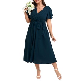 SHESTARR Womens Plus Size Dress Wedding Guest Cocktail Pleated V Neck Wrap V Neck Flowy A Line Midi Dresses with Belt Lake Blue
