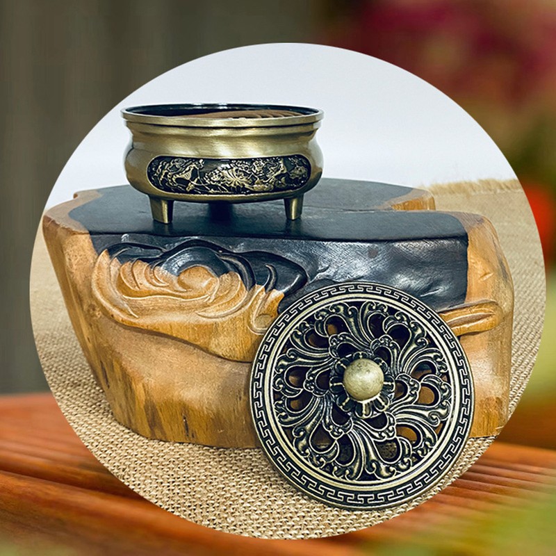 Coil Incense Burner with Lid Antique Beautifully Carved Electroplating Zinc