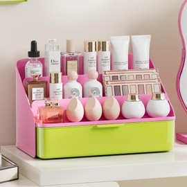 Lipsticks Holder,Lipgloss Organizer and Storage Display Case for Lip Gloss,Makeup Organizer with drawer, 3 Rows - 4 Level Makeup Holder & Cosmetics Display Case (Pink and Green)