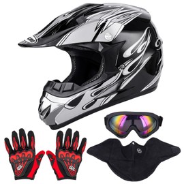 OUMURS Adult ATV Dirt Bike Helmet with Goggles Gloves & Mask Adjustable Sun Visor Motorcycle Adults Helmet Off-Road Motocross Downhill Moped MX for Unisex-Adult-New Black Flame, S