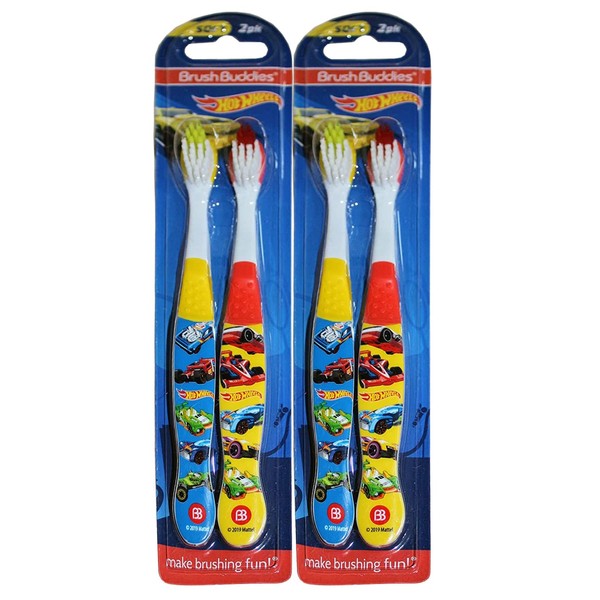 Brush Buddies Hot Wheels Toothbrush Set 4 Toothbrushes Childrens Soft Bristle