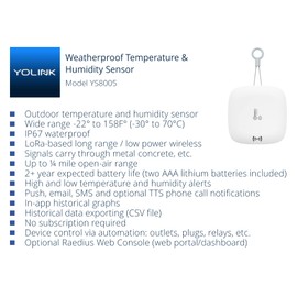 YoLink Smart Outdoor Temperature & Humidity Sensor, Hygrometer, Thermometer, 1000' Long Range, 2+ Years Battery Life, App Alerts, Text/SMS, Email Alerts, Alexa, IFTTT Integration. Hub Included!