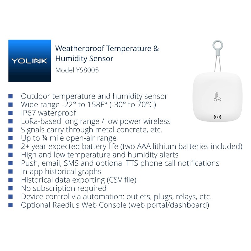 YoLink Smart Outdoor Temperature & Humidity Sensor, Hygrometer, Thermometer, 1000'