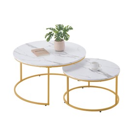 VEVOR Nesting Tables, Coffee Table Set of 2, 31.5 inch Round Coffee Table, Small Coffee Tables Night Stand with Metal Frame, for Living Room, Bedroom, Office (White & Gold)