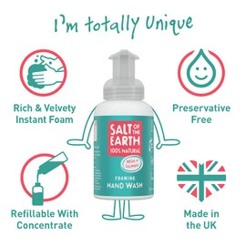 100% Natural Foaming Hand Wash by Salt Of the Earth, Melon & Cucumber - Vegan, Instant Foaming, Refillable, Leaping Bunny Approved, Made in The UK - 250 ml