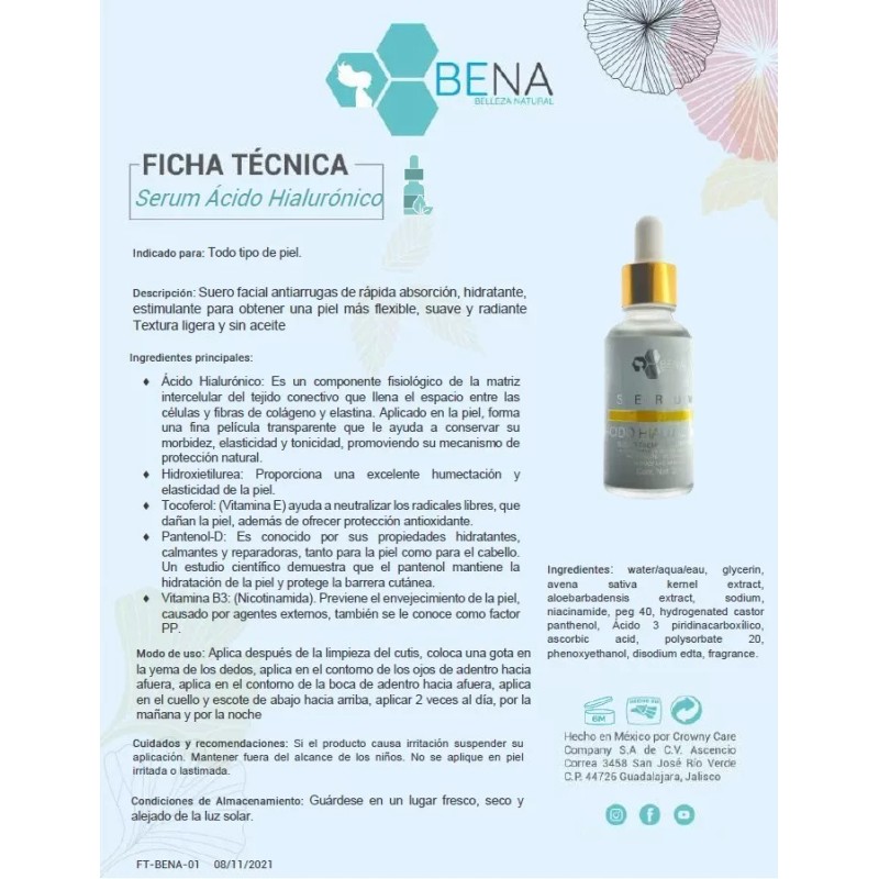 BENA Skincare Kit Acido Hialuronico Serum Jabon Y Crema Bena