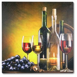 BANBERRY DESIGNS Lighted Wine Canvas Print - Canvas Print with Barrel, Wine Glasses and Bottles and LED Candles - Wall Decor - 12" x 12"