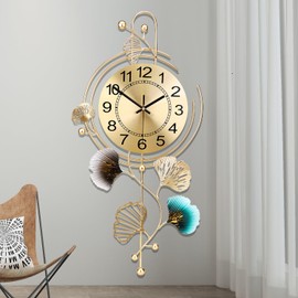 FILLOVE Elegant Metal Wall Clock with Silent Round dial and Gold and Blue Leaves, Modern Non-Walking Silent Metal Wall Clock for Living Room, Bedroom, Study, Office (25in*12in)