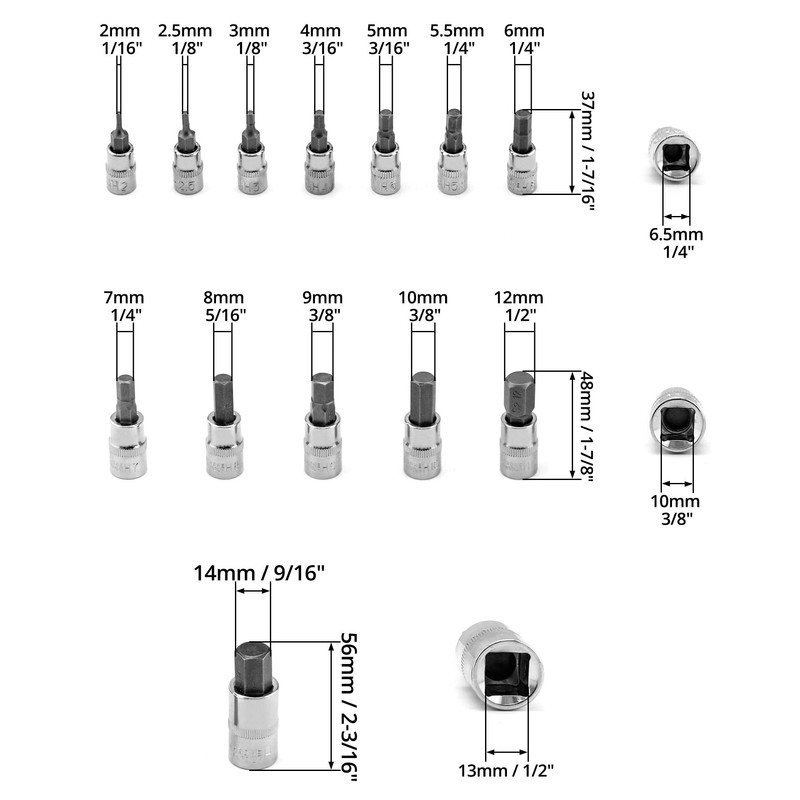 QWORK 13-Piece Socket Spanner Set, Hexagonal Socket Spanner Set, Chrome