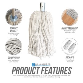 Pack of 2 Industrial Mop Heads Replacement, PY.10 Pure Yarn Cotton Mop with Galvanised Mop Socket, Heavy Duty Mop Heads for All-Around Floor Cleaning