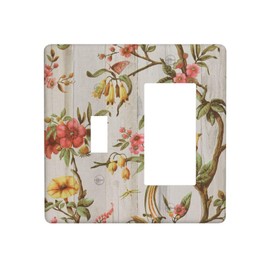 Flowers Bird Tree Retro Spring Floral Branch 2 Gang Light Switch Cover Decorative Combination Wall Plate Oriental Chinese Landscape Drawn Single Toggle Rocker Electrical Faceplate for Kitchen Home