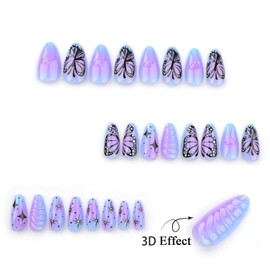 Purple Press on Nails Medium Almond Fake Nails with 3D Heart Designs Butterfly Star False Nails Gradient Purple Full Cover Glue on Nails Glossy Acrylic Stick on Nails for Women Girls 24 Pcs