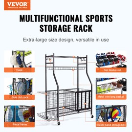 VEVOR Sports Equipment Garage Organizer, Rolling Ball Storage Cart on Wheels, Basketball Rack with Baskets & Hooks, Indoor/Outdoor Sports Gear and Toys Storage, Steel Sports Equipment Organizer, Black