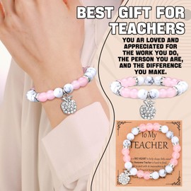 Landical 12 Pcs Teacher Appreciation Gifts for Women Natural Stone Teacher Bracelet Gifts with Message Cards Thank You Gifts for Teacher Valentine's Day Graduation Birthday Gifts (Pink,White)
