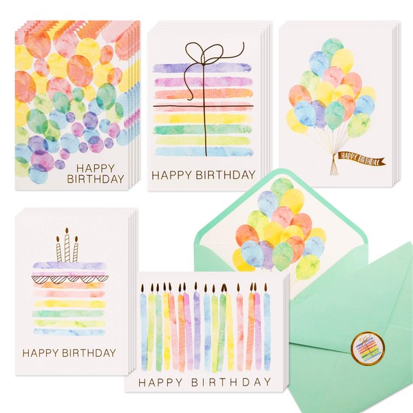 VNS Creations 100 Happy Birthday Cards, Assorted Watercolor & Gold Foil Blank Birthday Notes Pack, Bulk Boxed Assortment Set of Greeting Note Cards w/Envelopes & Stickers